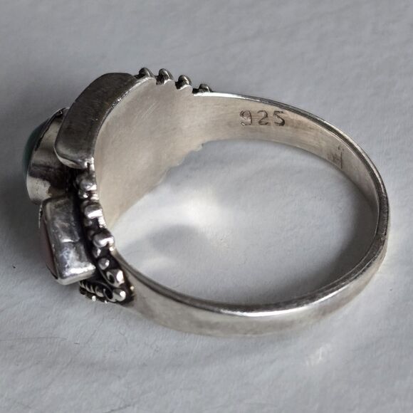Mens Turquoise Coral 925 Sterling Ring Vintage Tibetan Boho Statement Sz 10.5 - Picture 8 of 12